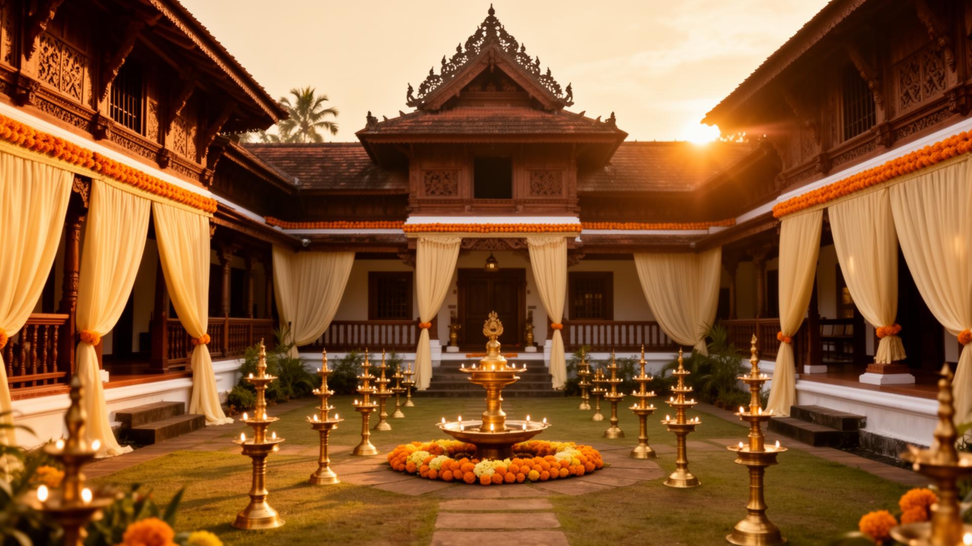 Kerala heritage Nalukettu venue at golden hour